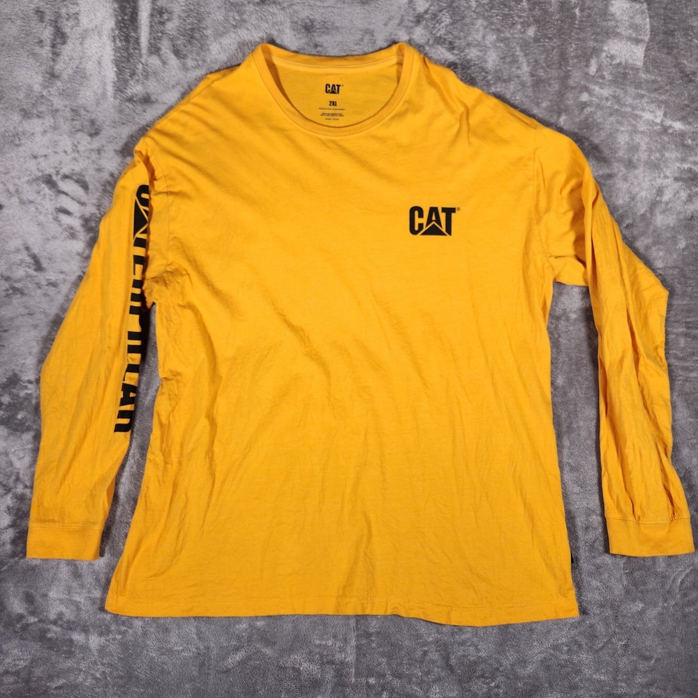 CAT Caterpillar Long Sleeve T-Shirt Mens 2XL Yellow Excellent Graphic Logo
